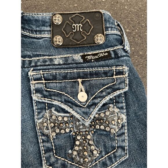 MISS ME Rhinestones cross embroidered jeans Bermuda shorts - Picture 11 of 11
